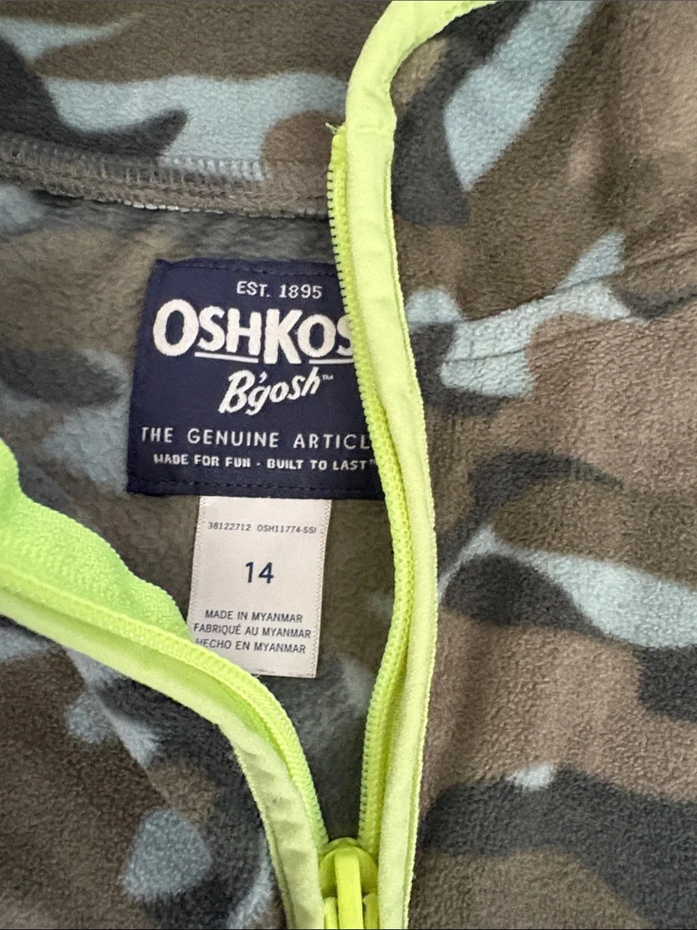 OshKosh B'gosh Olive/Green Camouflage Fleece Jacket with Lime Trim